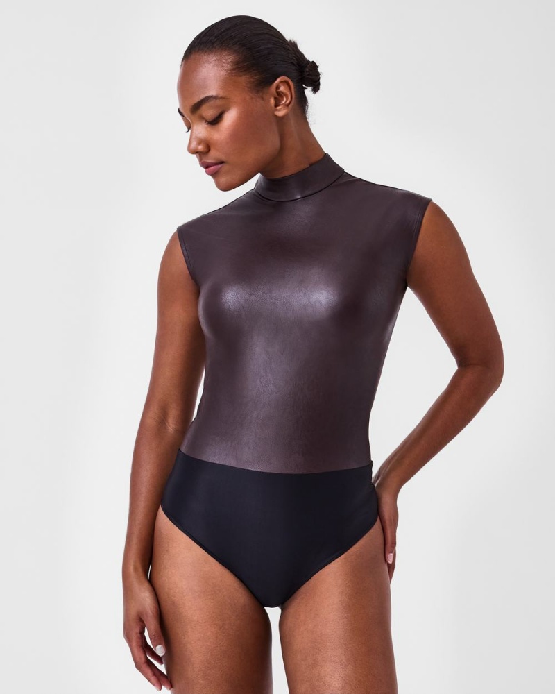 Spanx Deri-Like Mock Neck Bodysuit Kadın Pembe Çikolata | GNIHZB358