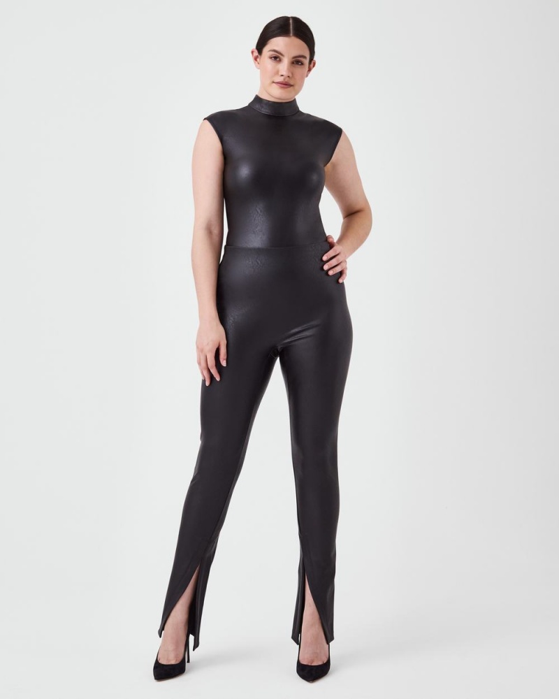 Spanx Deri-Like Mock Neck Bodysuit Kadın Siyah | JMOTSI025