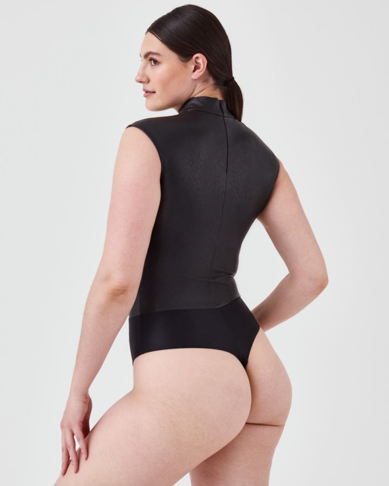 Spanx Deri-Like Mock Neck Bodysuit Kadın Siyah | JMOTSI025