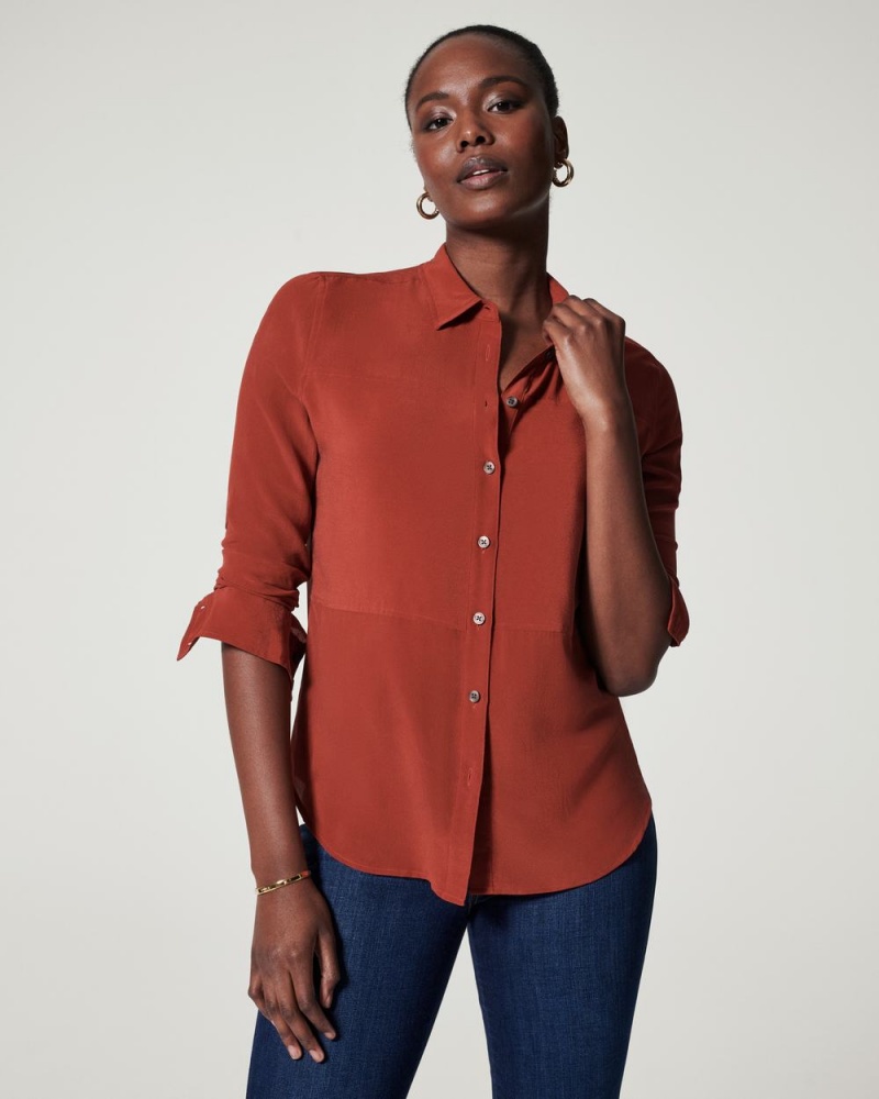 Spanx Low Maintenance Silk Button Down Üstler Kadın Turuncu | DGNSAT541