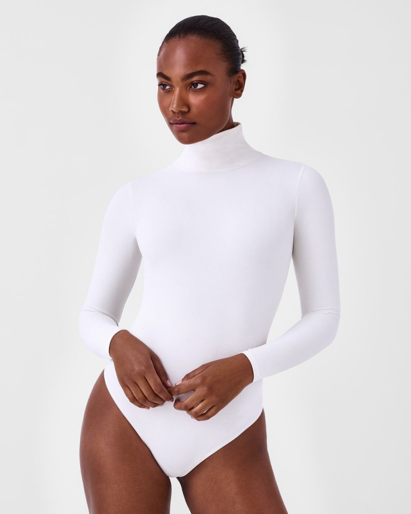 Spanx Suit Yourself Nervürlü Long Sleeve Turtleneck Bodysuit Kadın Beyaz | HDZQEO132